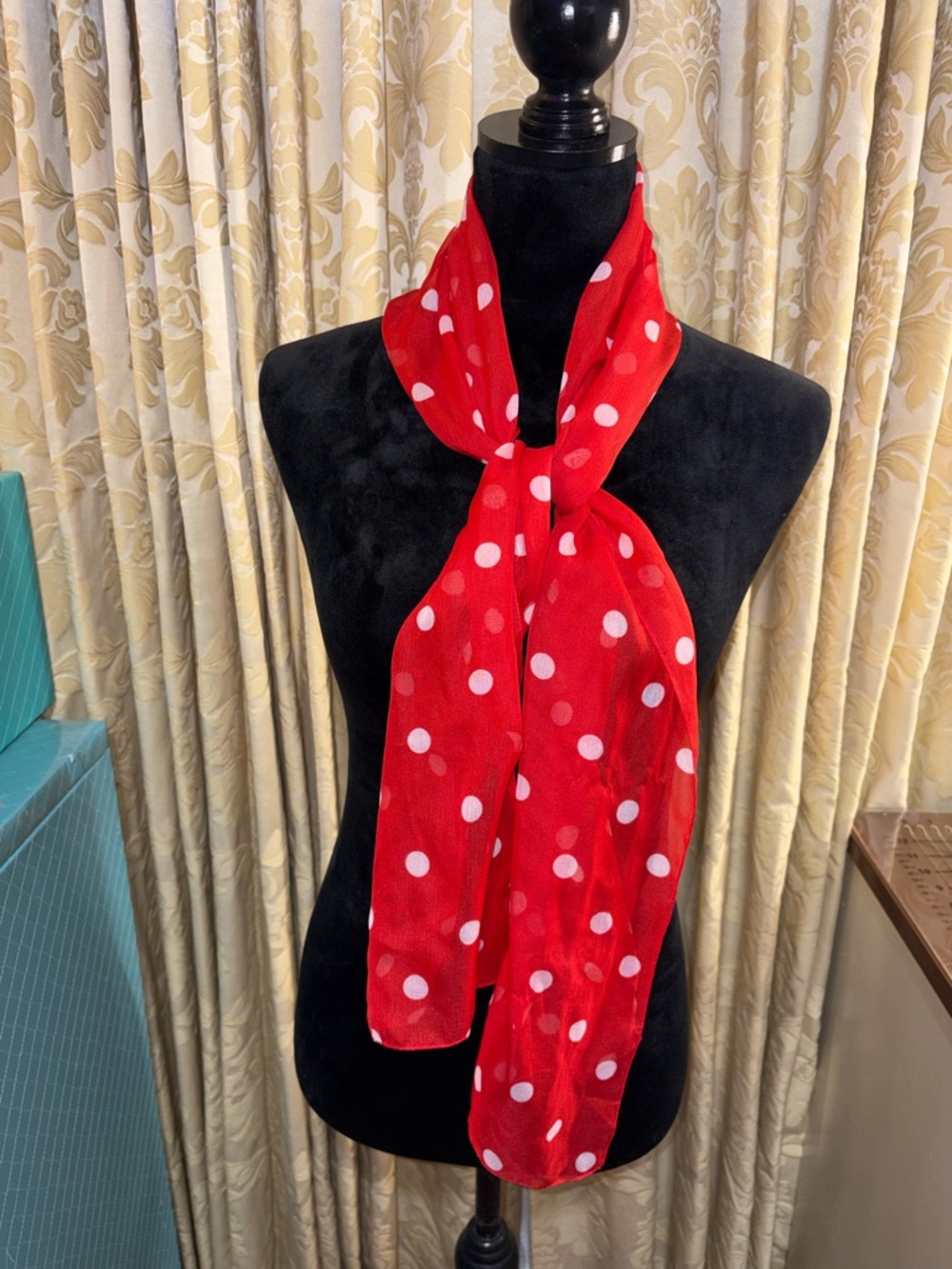 Vintage Red & White Polka Dot Chiffon Scarf Rockabilly Pin-Up Style